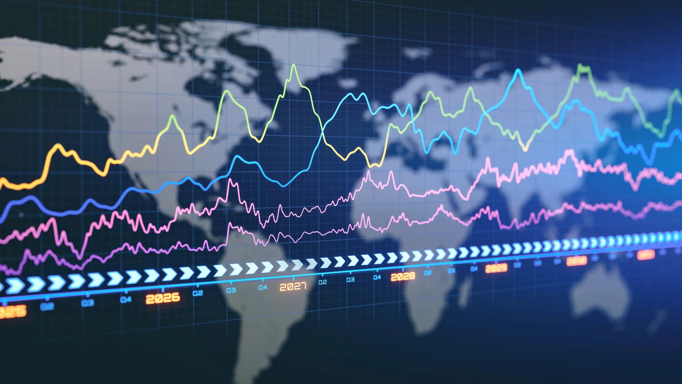 Financial market graph displayed over a world map